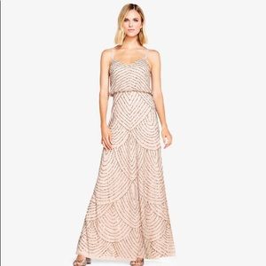 Adriana Papell Art Deco Beaded Blousen Gown in Taupe Pink